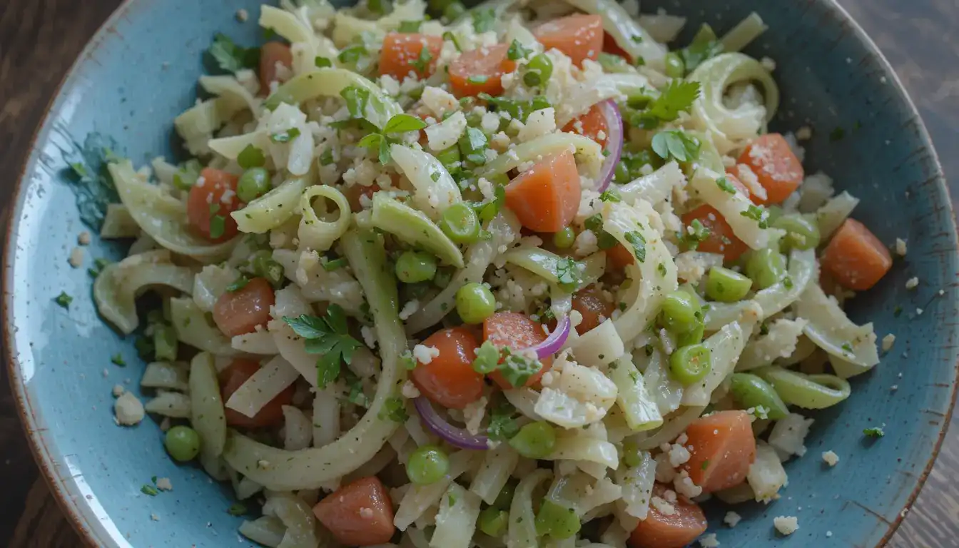 A bowl of vibrant cebolla ensalada, featuring thinly sliced onions, peas, diced carrots, and fresh herbs.