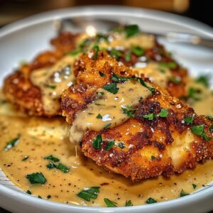Close-up of golden-brown, crispy parmesan-crusted chicken cutlets smothered in a rich, creamy garlic sauce and garnished with fresh parsley flakes on a white plate.