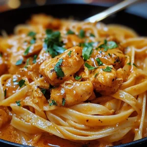 Close-up of creamy, spicy Cowboy Butter Chicken Linguine pasta dish.