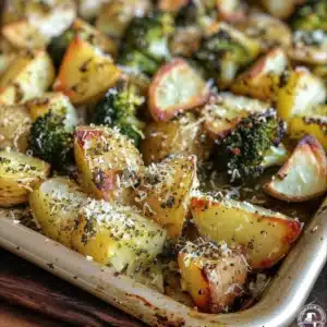 Roasted parmesan potatoes and broccoli in a black skillet.