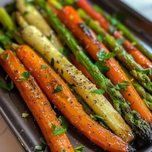 Roasted asparagus and carrots seasoned with herbs and spices.