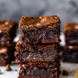 Close-up image of fudgy cocoa brownies, showing rich, dark chocolate texture.