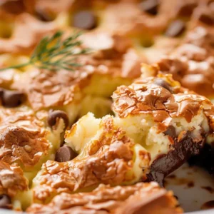Close-up of a fork lifting a piece of cheesy, baked cauliflower.