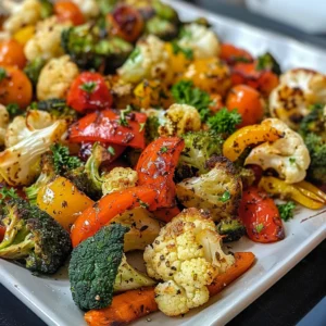 Roasted cauliflower, broccoli, and bell peppers seasoned with garlic and herbs.