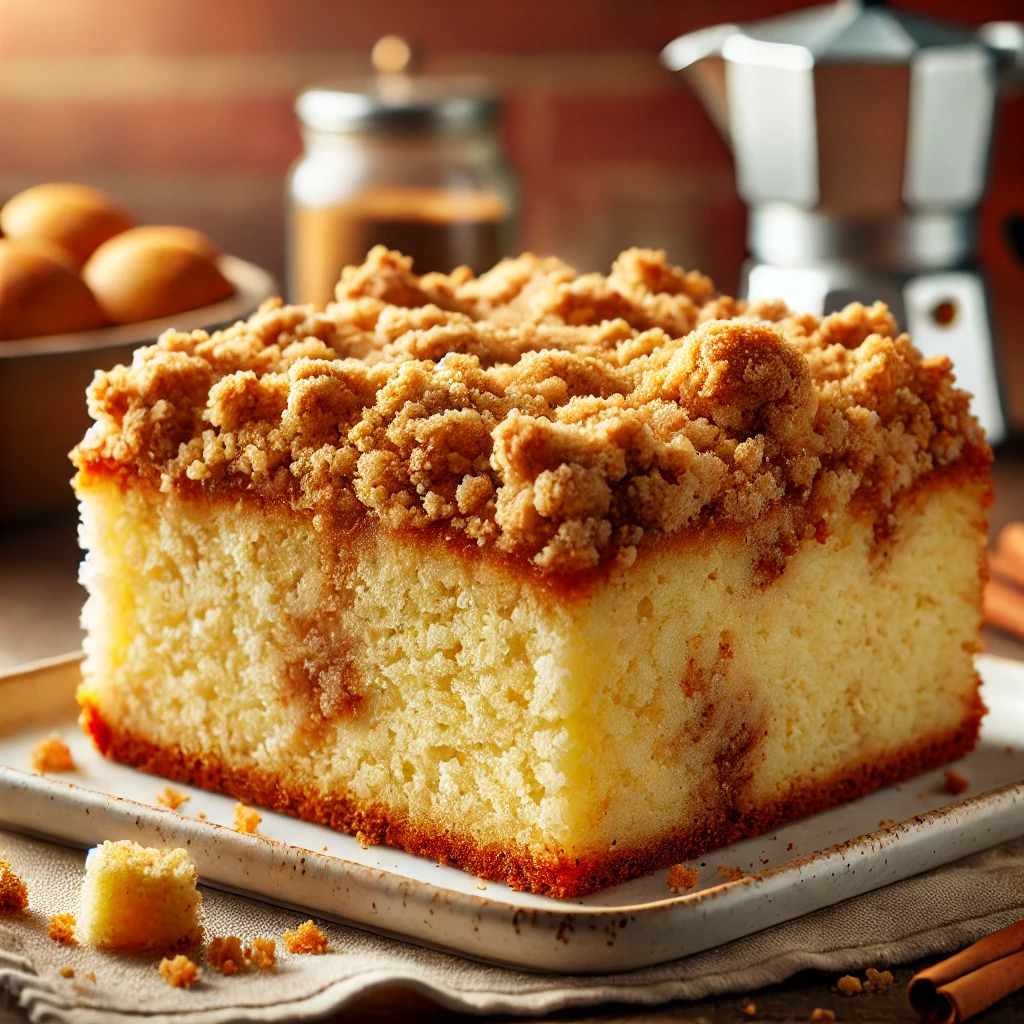 Homemade Hobee's coffee cake with a buttery crumb topping.