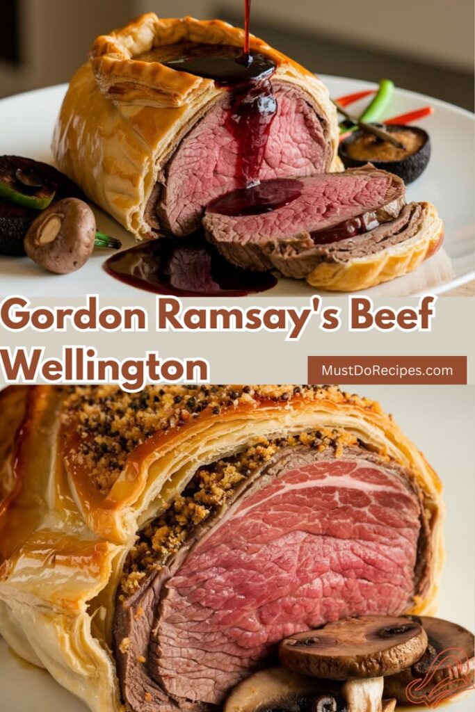 Two views of Gordon Ramsay's Beef Wellington: a sliced view showing the perfectly cooked beef and pastry, and a close-up of the golden crust. Find this recipe and more Gordon Ramsay Recipes at MustDoRecipes.com.
