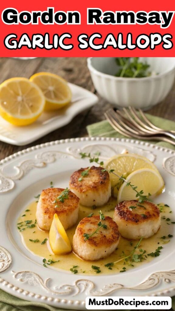 Pan-seared Garlic Scallops by Gordon Ramsay, served with lemon wedges and herbs. Find this and more Gordon Ramsay Recipes at MustDoRecipes.com.
