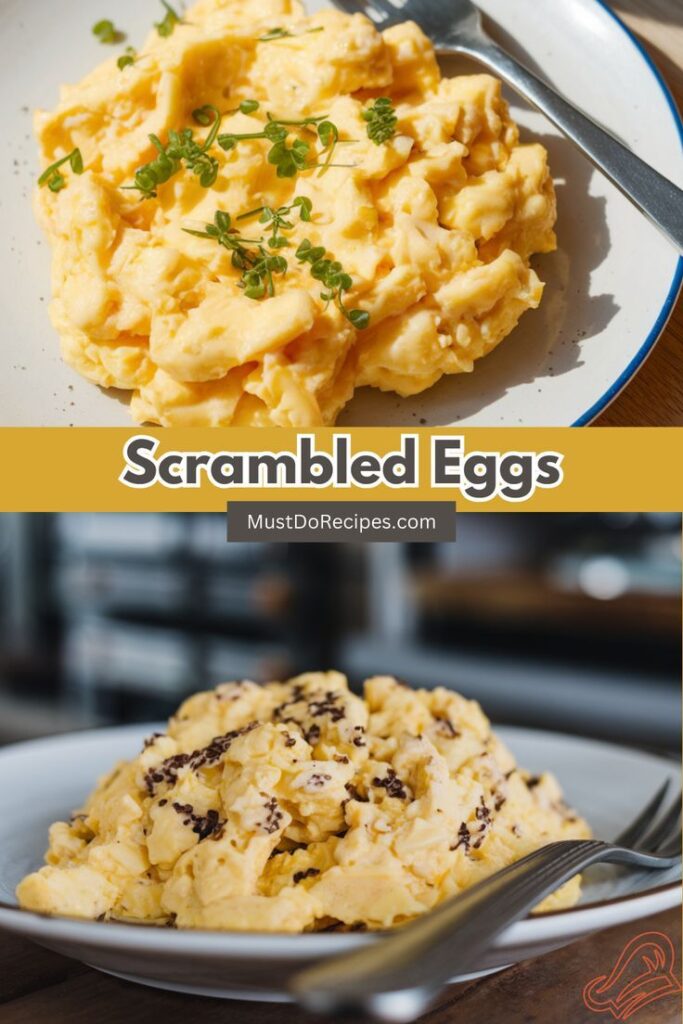 Two servings of creamy scrambled eggs, garnished with herbs. Find this and more delicious breakfast recipes, including potential Gordon Ramsay Recipes, at MustDoRecipes.com. 
