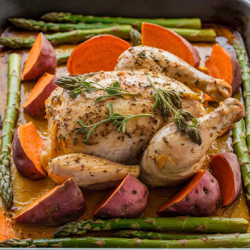 Baked Chicken with Sweet Potatoes and Asparagus