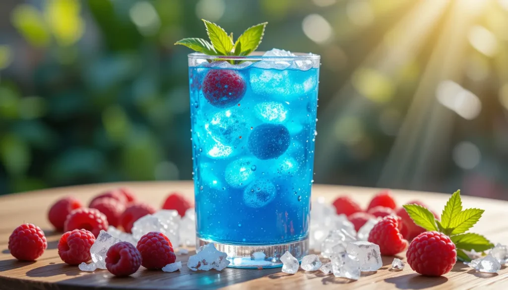 A tall glass of Blue Razz Ice Juice garnished with mint and raspberries on a wooden table with sunlight streaming in.