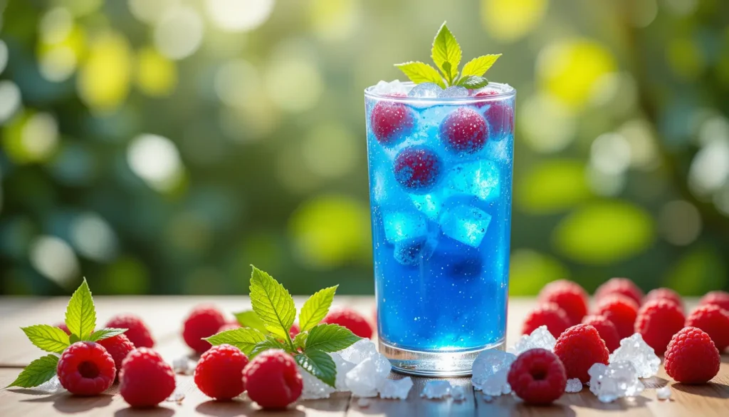 A frosty glass of Blue Razz Ice Juice topped with fresh mint leaves and raspberries, set on a rustic wooden table with soft sunlight illuminating the scene