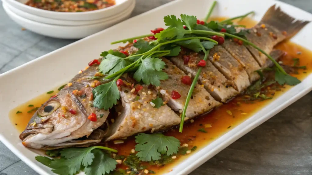 A whole snapper served on a rectangular white plate, garnished with fresh cilantro sprigs and chopped red chili peppers. The fish is sliced and sits in a flavorful soy-based sauce, topped with minced garlic and sesame seeds for added texture and flavor. A bowl of dipping sauce is visible in the background.






