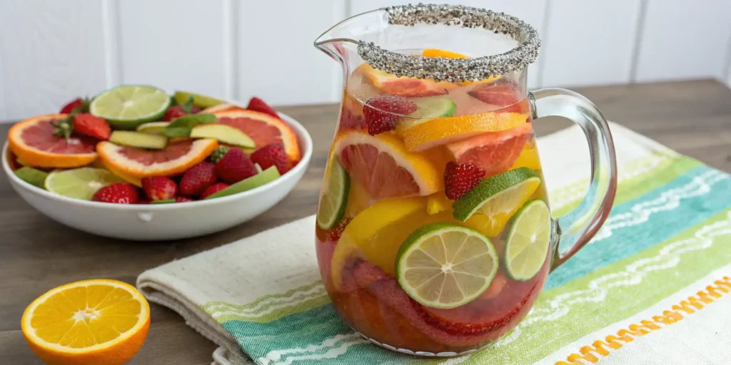 A pitcher of colorful bug juice with fruit slices in a table