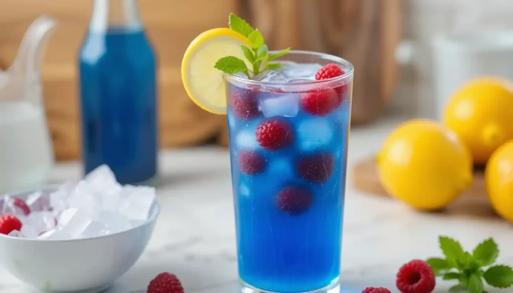 A glass of vibrant Blue Razz Ice Juice with raspberries, lemon, and mint on a kitchen counter surrounded by ingredients