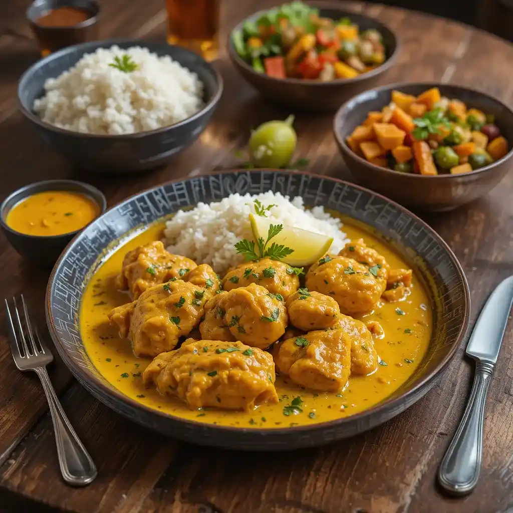 A vibrant plate of Churu Chicken Amarillo with golden creamy sauce, garnished with fresh parsley, served alongside rice and roasted vegetables on a rustic wooden table.