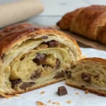 Flaky croissant with chocolate chunks and nuts, sliced to reveal its layers.