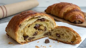 Flaky croissant with chocolate chunks and nuts, sliced to reveal its layers.