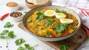 Egg Bharta served on a plate with garnishes