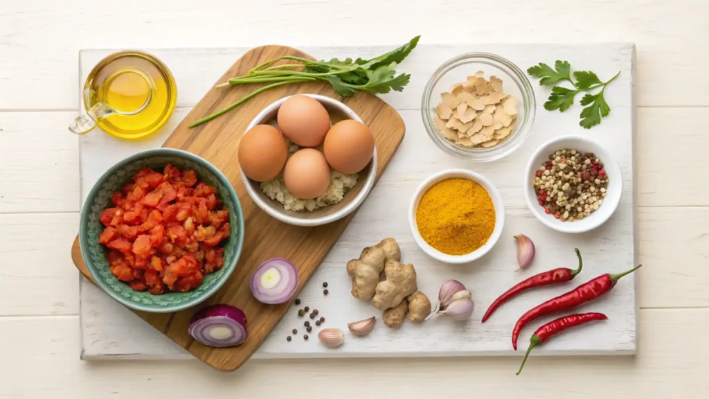  Ingredients for Egg Bharta displayed on a table.