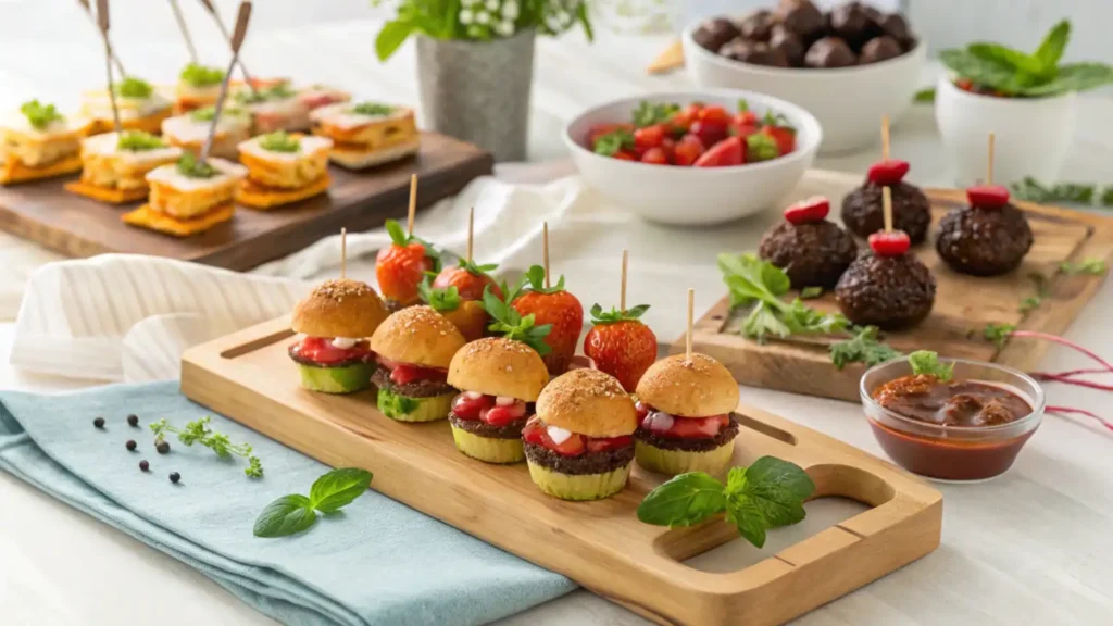 International JustALittleBite recipes including mini tacos, bruschetta, and sushi bites arranged on a decorative platter.