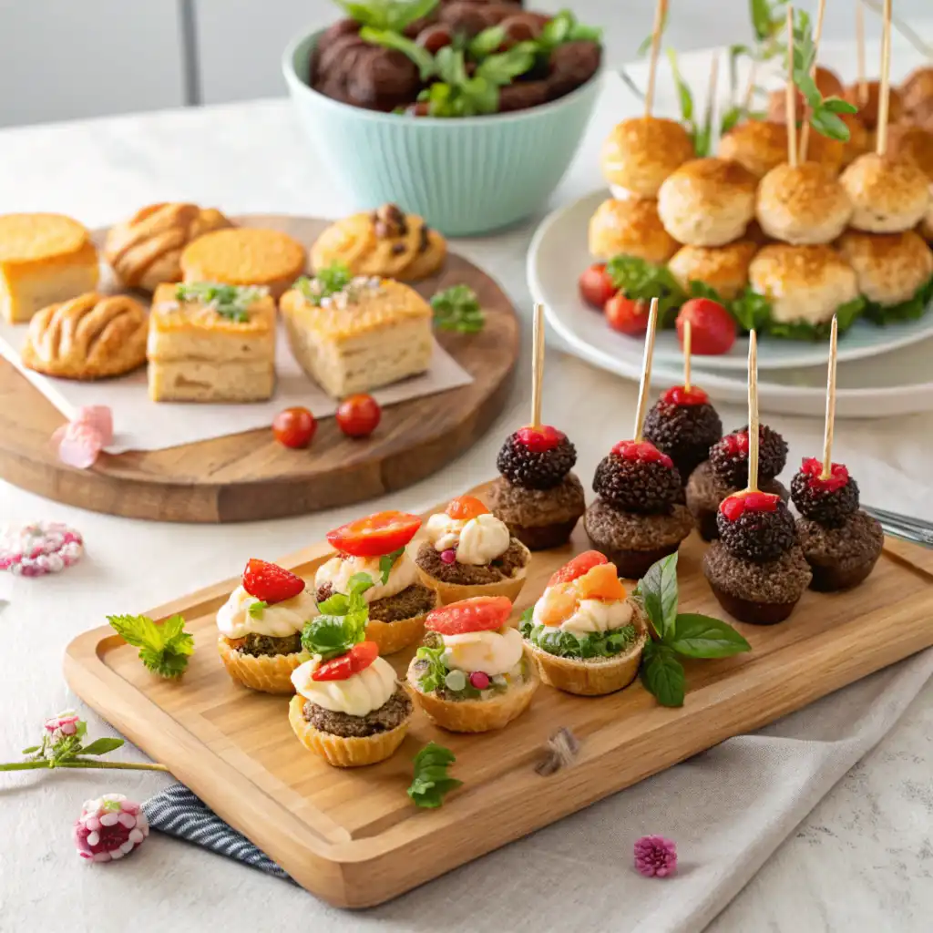 Assorted JustALittleBite recipes including mini sliders, caprese skewers, and mini cupcakes arranged on a wooden serving board.