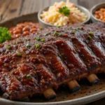 A platter of party ribs with coleslaw and baked beans.