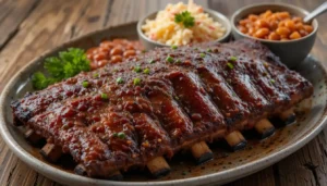 A platter of party ribs with coleslaw and baked beans.