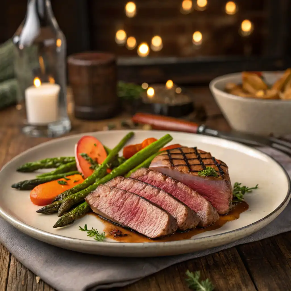 Grilled sandhill crane meat served with roasted vegetables