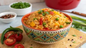 Bowl of vibrant Sassy Rice with vegetables and garnishes.