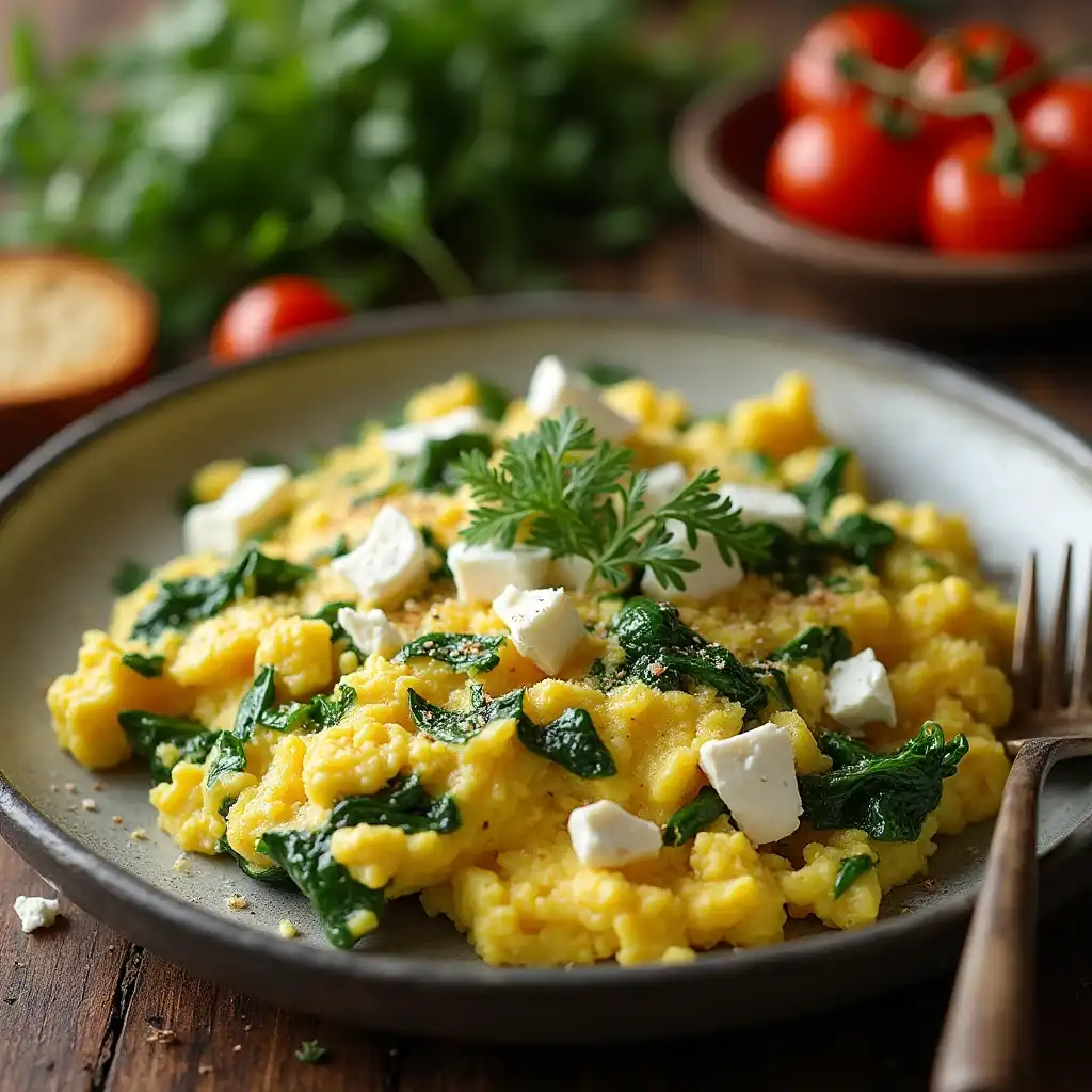 Scrambled Eggs with Feta and Spinach Recipe