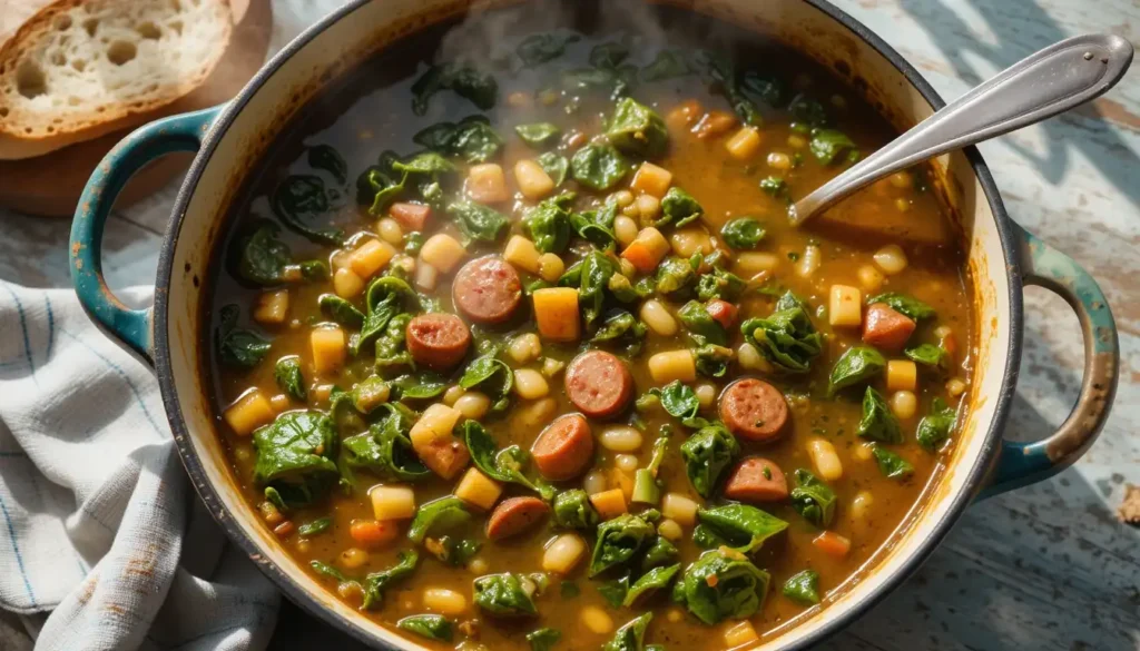 A pot of swamp soup with greens, sausage, beans, and pasta in a rich broth.