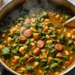 A pot of swamp soup with greens, sausage, beans, and pasta in a rich broth.