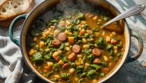 A pot of swamp soup with greens, sausage, beans, and pasta in a rich broth.