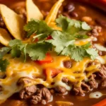 Bowl of taco soup topped with cheese and crispy Frios shells.