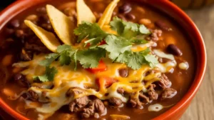 Bowl of taco soup topped with cheese and crispy Frios shells.