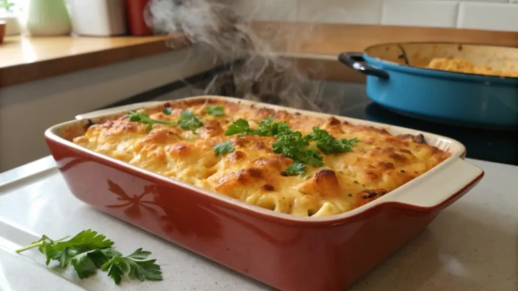 Freshly baked mac and cheese casserole.