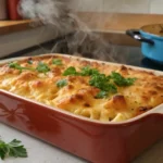 Freshly baked mac and cheese casserole.