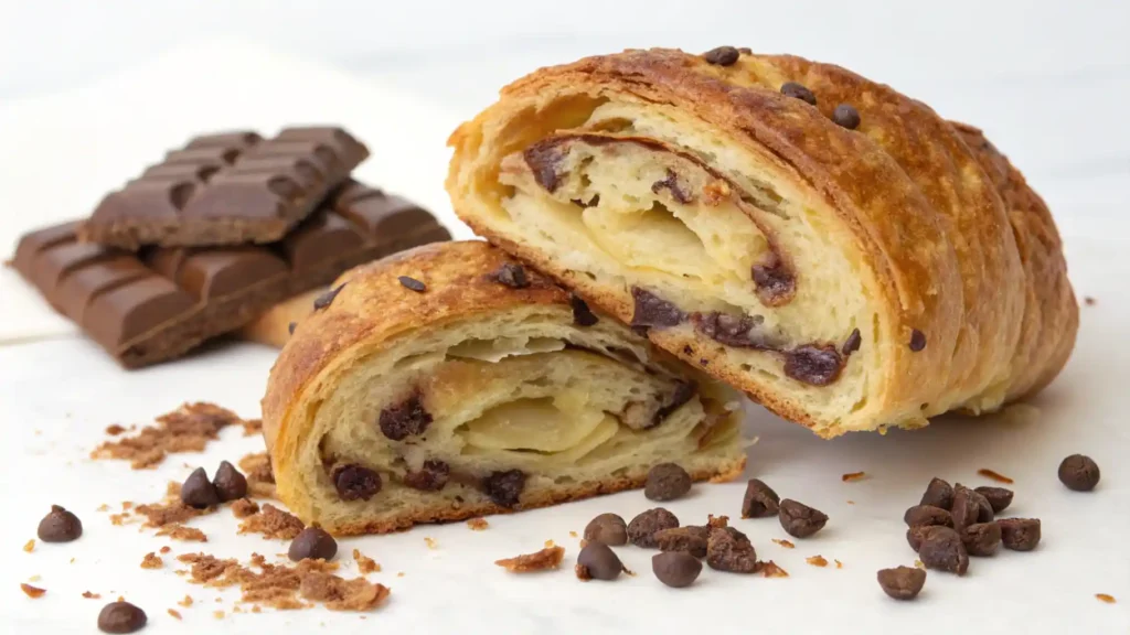 Golden croissant filled with chocolate chips, sliced to reveal its flaky layers, surrounded by chocolate pieces and crumbs.