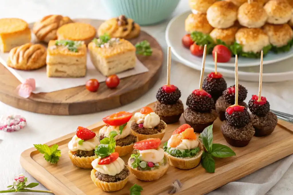 Colorful JustALittleBite mini desserts including chocolate truffles and fruit bites displayed on a modern kitchen table.