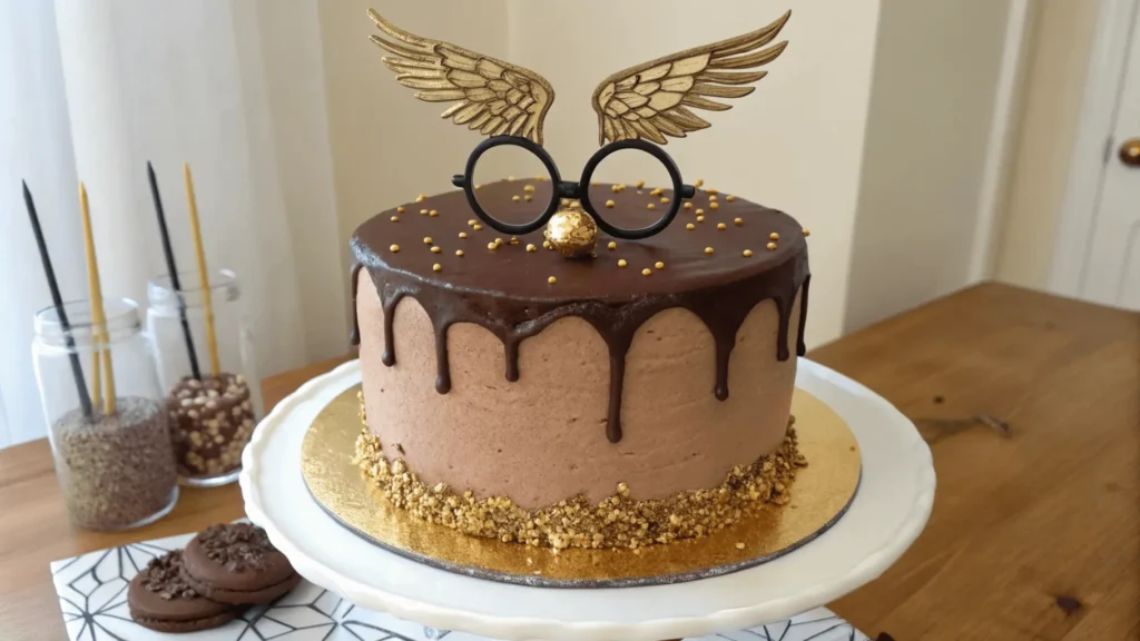 A decadent Harry Potter chocolate cake with gold accents, featuring a Golden Snitch, edible glasses, and a chocolate drip design.






