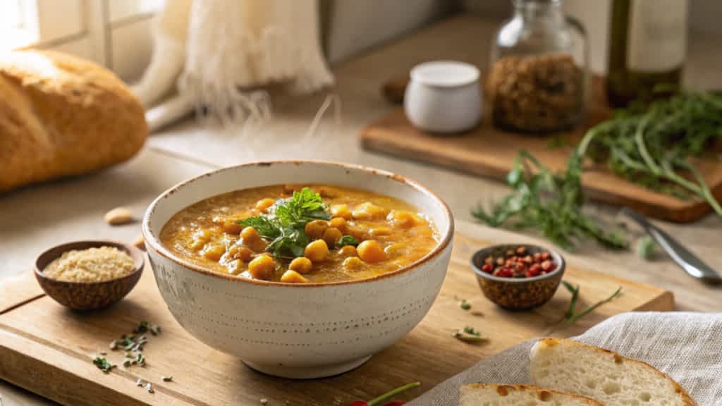 A close-up of a steaming bowl of creamy chickpea soup garnished with fresh green herbs, surrounded by rustic bread, spices, and a linen napkin on a wooden table.