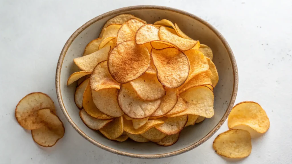 An overhead view of a bowl filled with golden, crispy tapioca chips.