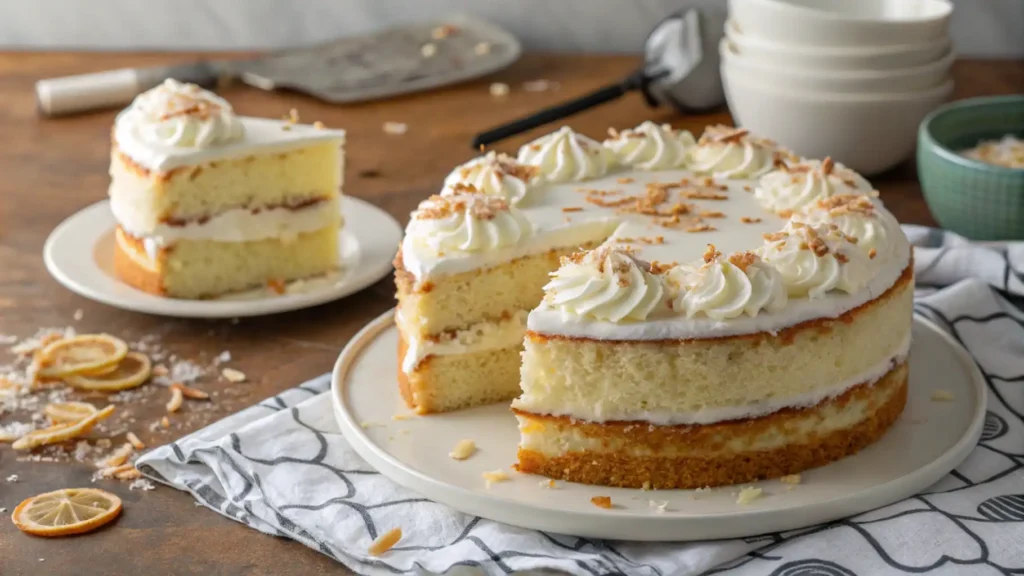 A tender coconut cake with fresh coconut halves and tropical leaves.