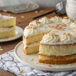 A tender coconut cake with fresh coconut halves and tropical leaves.