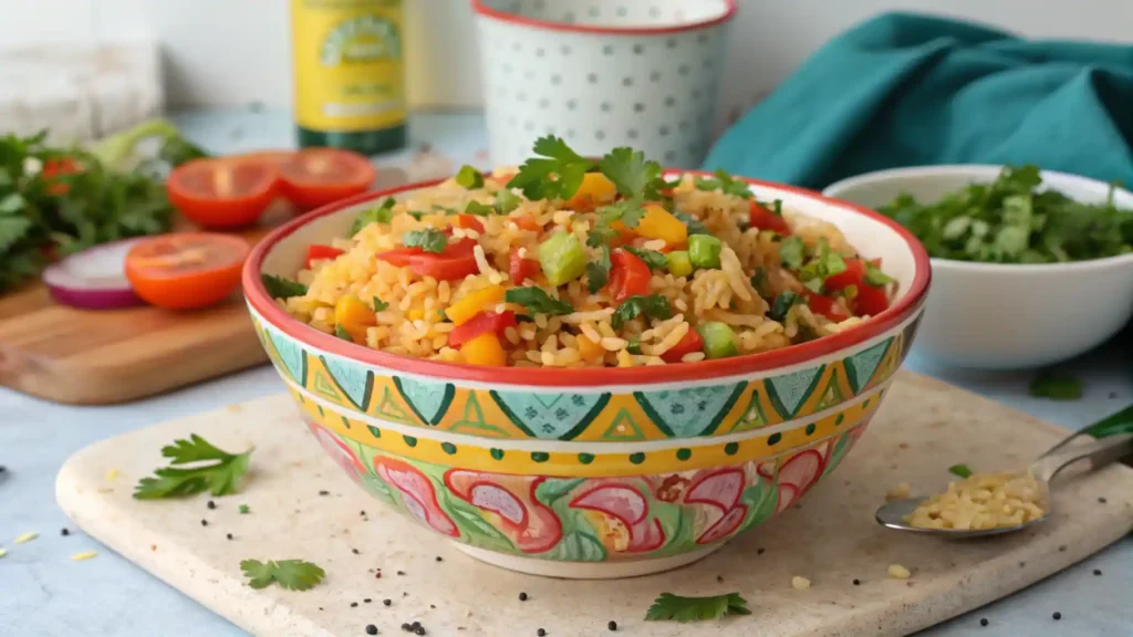 A colorful bowl of Sassy Rice garnished with fresh herbs and surrounded by chopped vegetables.