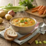 A steaming bowl of Benignis Potota Soup with chunks of potatoes, carrots, and celery, garnished with fresh parsley, placed on a rustic wooden table alongside a slice of crusty bread and a wooden spoon.