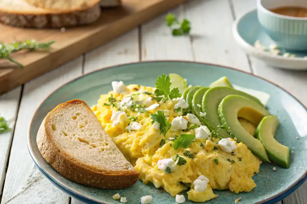 Scrambled eggs with feta and avocado