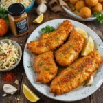 Southern-style crispy golden fish fillets seasoned with Hillbilly Fish Fry seasoning, served with coleslaw, hush puppies, and lemon wedges on a rustic table.