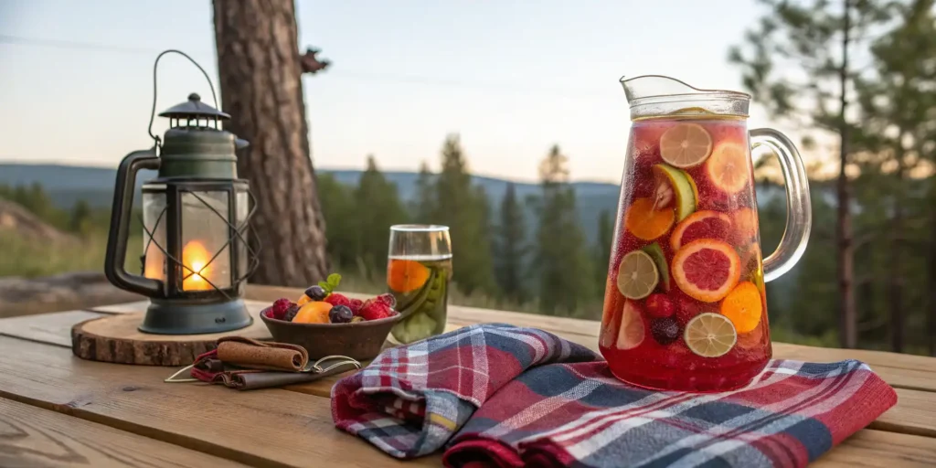 A pitcher of colorful bug juice with fruit slices on a picnic table outdoors.