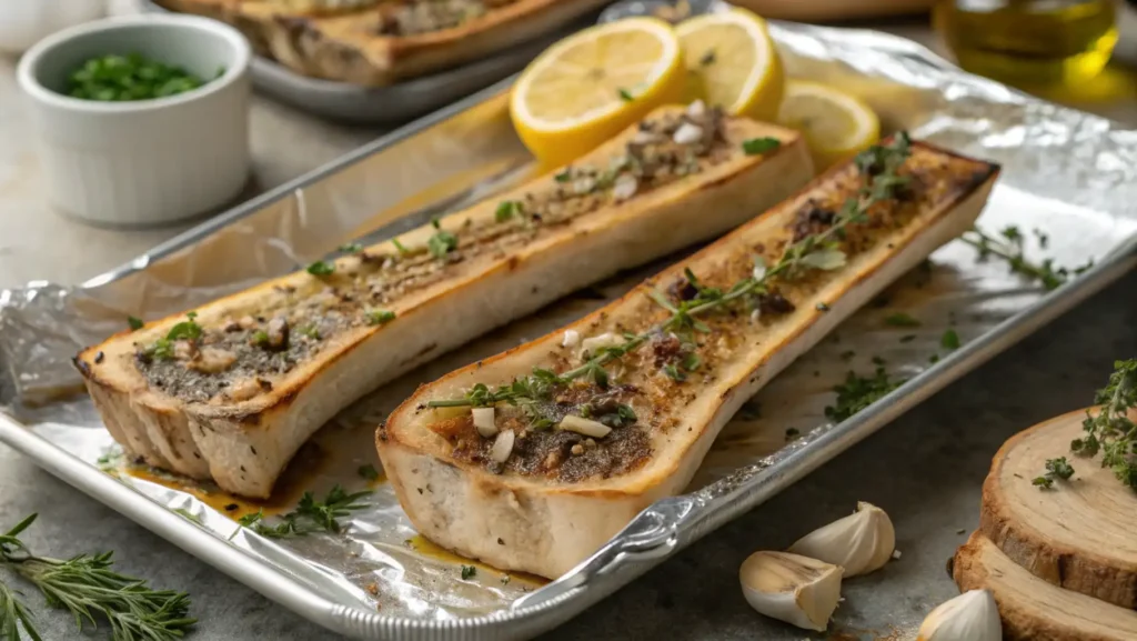 Close-up of roasted bone marrow halves topped with garlic, thyme, lemon zest, caramelized onions, and balsamic glaze on a slate plate.